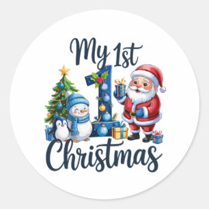 My First 1st Christmas Blue Baby Boy Xmas Snowman Classic Round Sticker