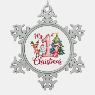My First 1st Christmas Pink Baby Girl Xmas Snowman Snowflake Pewter Christmas Ornament