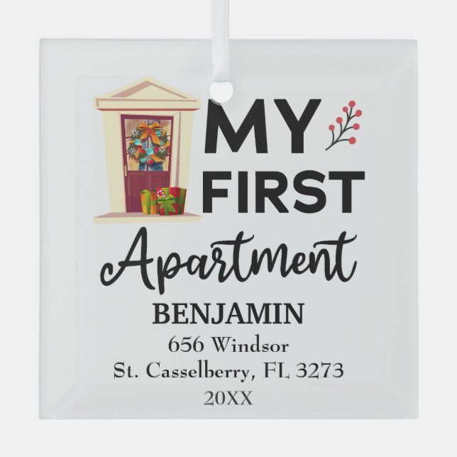 My First Apartment 2025 Custom Names & Address Glass Ornament (Front)