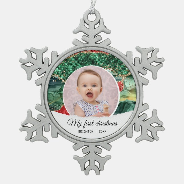 My first birthday christmas glitter   snowflake pewter christmas ornament (Front)
