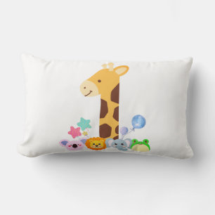 My First Birthday. Giraffe and Happy Animals Desig Lumbar Pillow