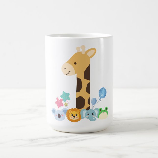 My First Birthday. Giraffe and Happy Animals Desig Magic Mug (Center)