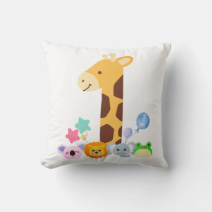 My First Birthday. Giraffe and Happy Animals Desig Throw Pillow