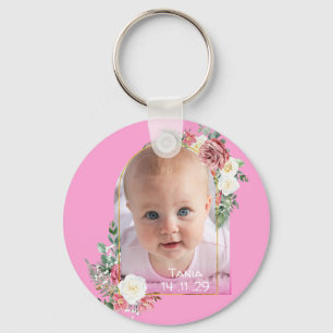 My First birthday Pink Baby Girl Photo floral Keychain