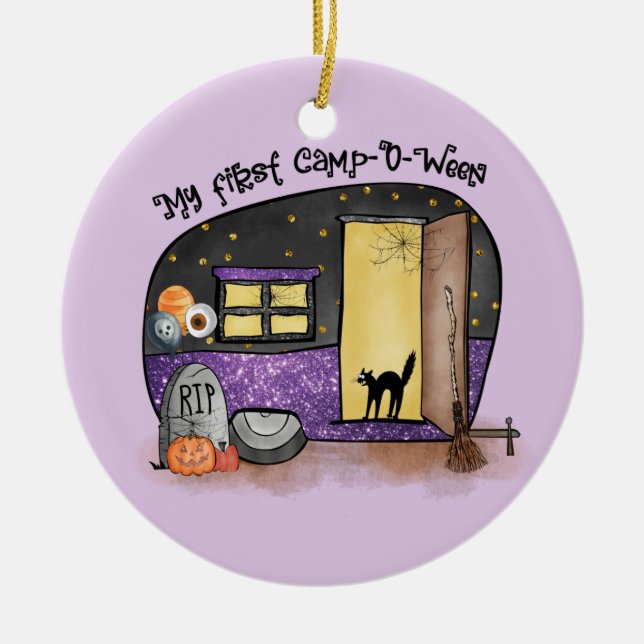 My First Camp-O-Ween – Spooky Black Cat Ceramic Ornament (Front)