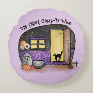 My First Camp-O-Ween – Spooky Black Cat Round Pillow