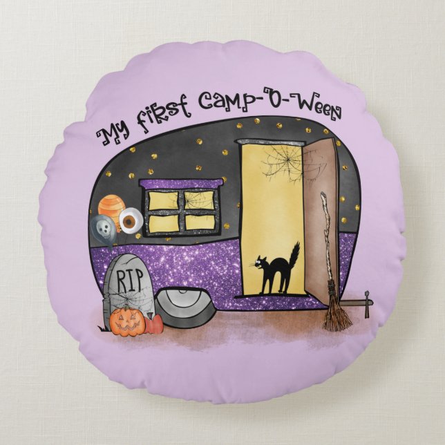 My First Camp-O-Ween – Spooky Black Cat Round Pillow (Front)