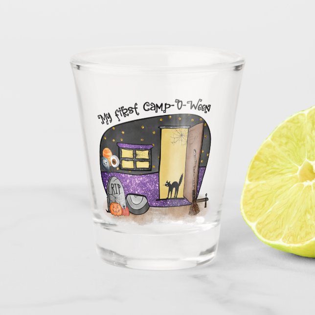 My First Camp-O-Ween – Spooky Black Cat Shot Glass (Front)