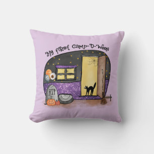 My First Camp-O-Ween – Spooky Black Cat Throw Pillow