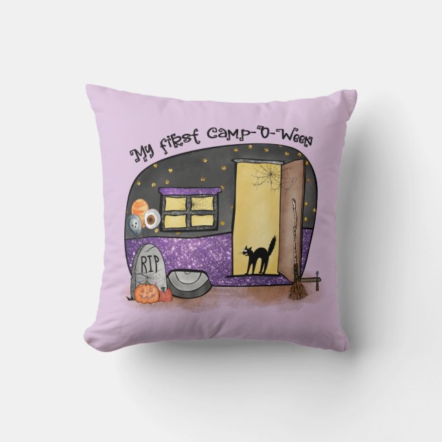My First Camp-O-Ween – Spooky Black Cat Throw Pillow (Front)