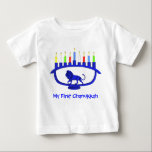 My First Chanukkah Blue Lion Menorah Baby T-Shirt<br><div class="desc">Features a lion-themed Chanukkah menorah with all eight candles and the shamash burning. Customizable text reading "My First Chanukkah" also appears. Chanukkah is the mid-winter "Festival of Lights."</div>