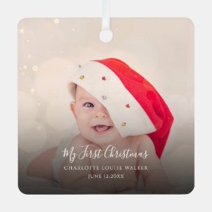 My First Christmas 2 Baby Photos Festive Metal Ornament