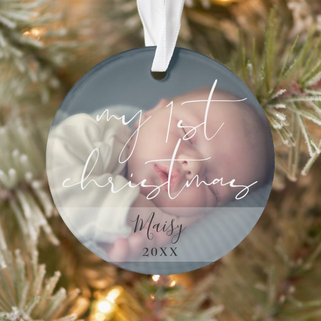 My First Christmas 2 Photo Elegant Script Ornament (Tree)