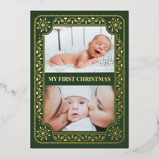  My First Christmas 2 Photo Keepsake Gold Foil Holiday Card (Front)
