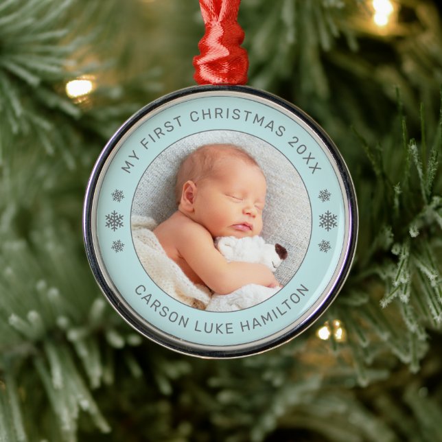 My First Christmas Aqua Personalized Baby Photo Metal Ornament (Tree)