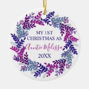 My First Christmas as Auntie Year Purple Wreath Ceramic Ornament