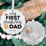 My first Christmas as dad name and photo Ornament Card<br><div class="desc">Show your happiness for your first Christmas as a dad with this lovely first Christmas ornament decorated with a red Santa hat,  holly leaves,  and colourful Christmas lights. Easily customizable with your baby's name and date of birth and one of your favourite pictures on the reverse.</div>