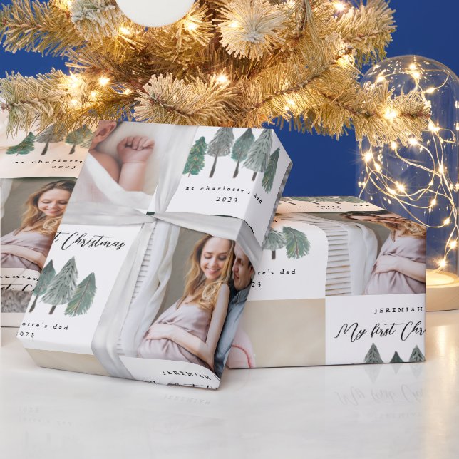 My First Christmas as Dad Photo Collage Pine Trees Wrapping Paper (Holidays)