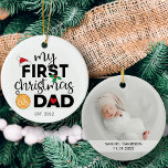 My first Christmas as dad with name and photo Ceramic Ornament<br><div class="desc">Show your happiness for your first Christmas as a dad with this lovely first Christmas ornament decorated with a red Santa hat,  holly leaves,  and colourful Christmas lights. Easily customizable with the baby's name and date of birth and one of your favourite pictures on the reverse.</div>