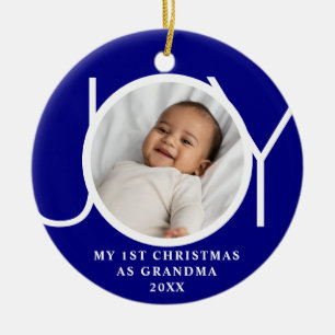 My First Christmas As Grandma Joy Photo Blue Ceramic Ornament