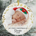 My First Christmas As Grandpa Photo  Ceramic Ornament<br><div class="desc">This elegant Grandpa Christmas Ornament is decorated with gold foliage on a white background.
Easily customizable with baby's photo and year.
Please note that the small white stars are not included in the design.
Original Watercolor © Michele Davies.</div>