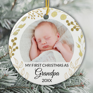My First Christmas As Grandpa Photo Gold Foliage Ceramic Ornament