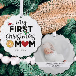 My first Christmas as mom with name and photo Ornament Card<br><div class="desc">Show your happiness for your first Christmas as a mom with this lovely first Christmas ornament decorated with a red Santa hat,  holly leaves,  and colourful Christmas lights. Easily customizable with your baby's name and date of birth and one of your favourite pictures on the reverse.</div>