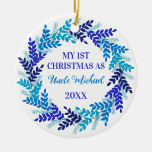 My First Christmas as Uncle Elegant Blue Wreath Ceramic Ornament