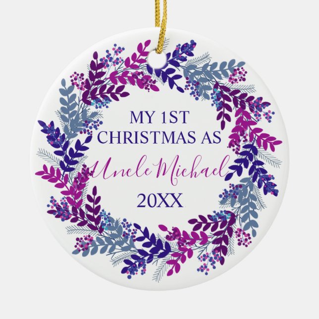 My First Christmas as Uncle Purple Wreath Ceramic Ornament (Front)