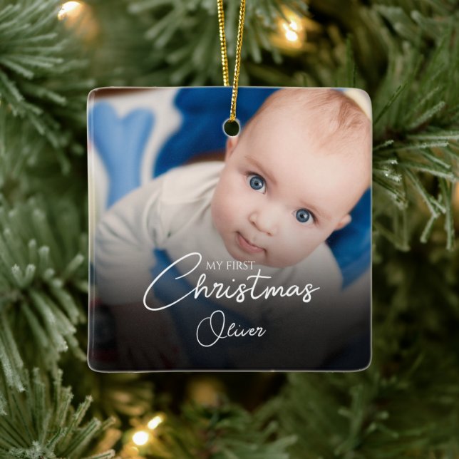 My First Christmas Baby Boy Stats Photo Script Ceramic Ornament (Tree)