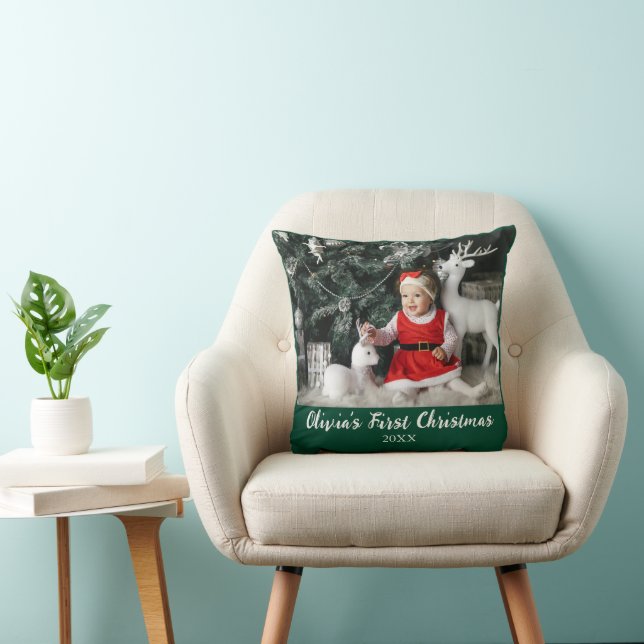 My First Christmas Baby Custom Photo Script Simple Throw Pillow (Chair)