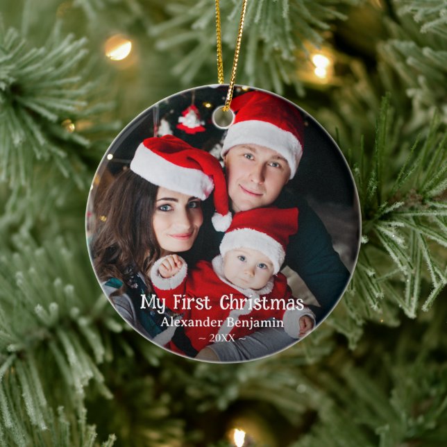 My First Christmas Baby Family Photo Custom Ceramic Ornament (Tree)