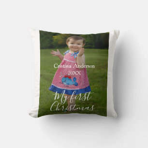 my first Christmas baby girl photo name year simpl Throw Pillow