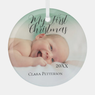 My first Christmas baby photo add name year modern Glass Ornament