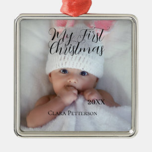 My first Christmas baby photo add name year modern Metal Ornament