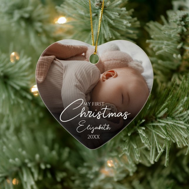 My First Christmas Baby Photo Elegant Script Ceramic Ornament (Tree)