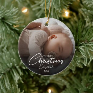 My First Christmas Baby Photo Elegant Script Ceramic Ornament