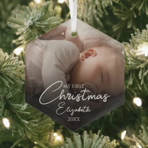 My First Christmas Baby Photo Elegant Script Glass Ornament