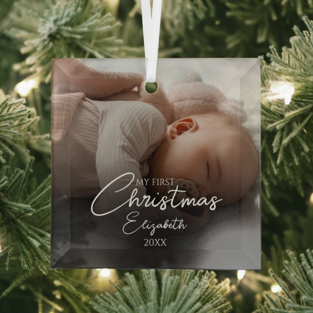 My First Christmas Baby Photo Elegant Script Glass Ornament (Insitu)