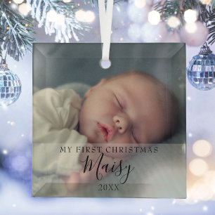 My First Christmas Baby Photo Elegant Script Glass Ornament