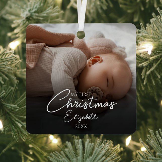 My First Christmas Baby Photo Elegant Script Metal Ornament (Insitu)