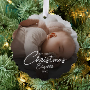My First Christmas Baby Photo Elegant Script Ornament Card