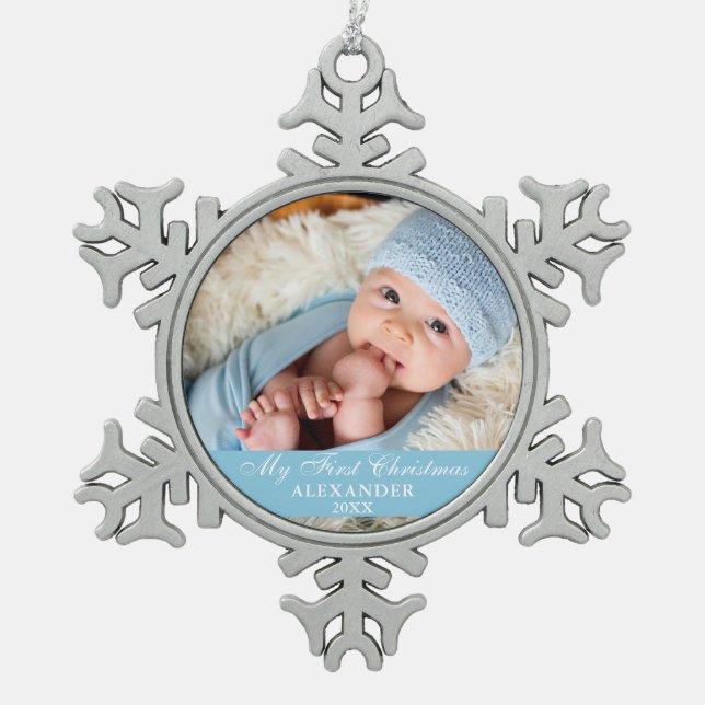 My First Christmas Baby Photo Light Blue Snowflake Pewter Christmas Ornament (Front)