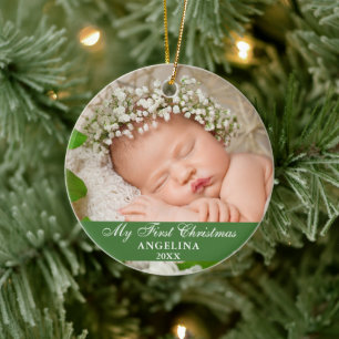 My First Christmas Baby Photo Light Green Ceramic Ornament