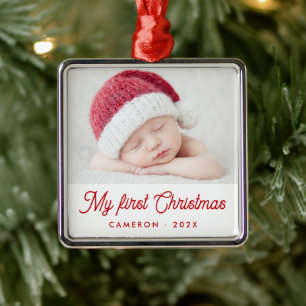 My first Christmas baby photo name year Metal Ornament