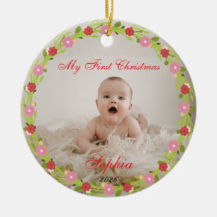 My First Christmas Baby Photo Pink Floral  Ceramic Ornament