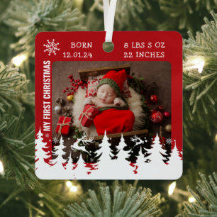 My First Christmas Birth Stats Photo Ceramic Ornam Metal Ornament