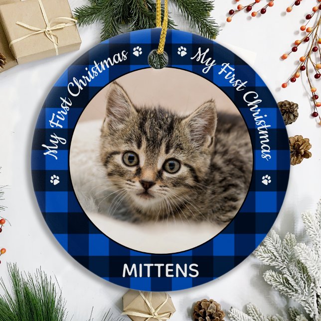 My First Christmas Blue Plaid Cat Kitten Pet Photo Ceramic Ornament (Creator Uploaded)