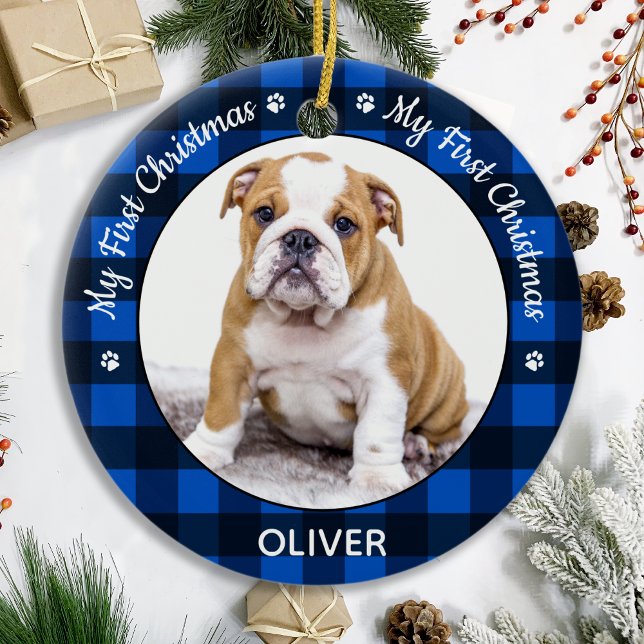 My First Christmas Blue Plaid Dog Puppy Pet Photo Ceramic Ornament (Creator Uploaded)