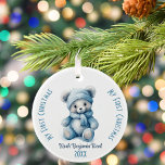 My First Christmas Boy Custom Name Blue Bear Ceramic Ornament<br><div class="desc">This delightful ornament showcases a charming blue teddy bear adorned in a blue hat and scarf all in a sweet watercolor style. This ornament is designed with personalization in mind. Edit the text with your baby’s name and the year. “My First Christmas” adorns both sides of the ornament. To change...</div>